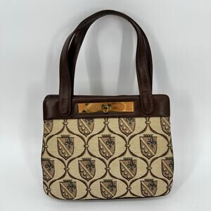 Vtg MCM BLOCK Hand Bag Purse Brown Leather Tapestry Coat of Arms Pattern Brass